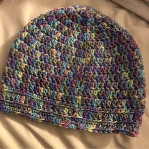 Crocheted cap – multicolored Jewel tone (purple/green/blue)